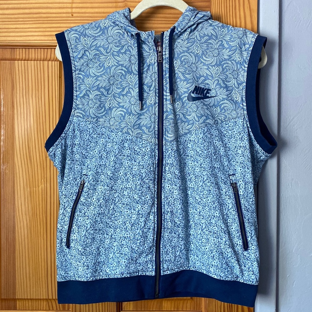 Nike zip up hoodie vest, XL blue floral print